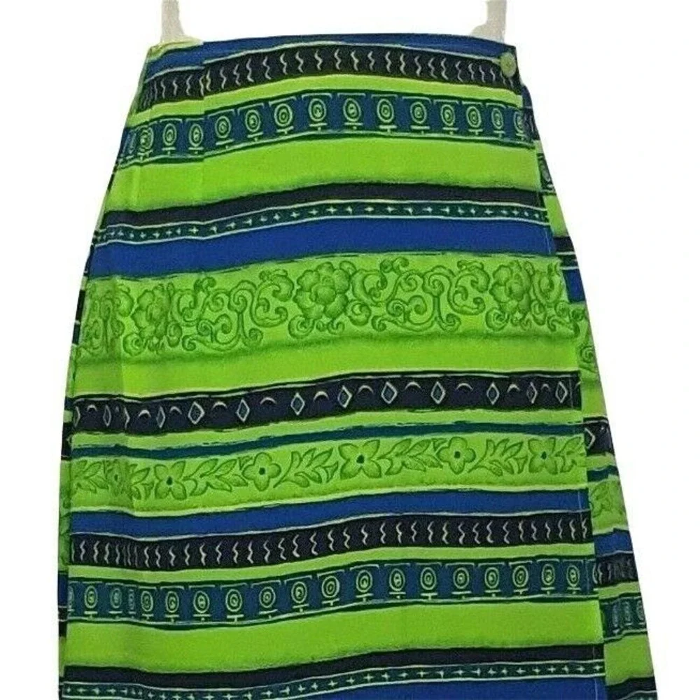 Vintage Maxi Wrap Skirt Small Floral Tribal Blue Green Polyester  L&S Designs
